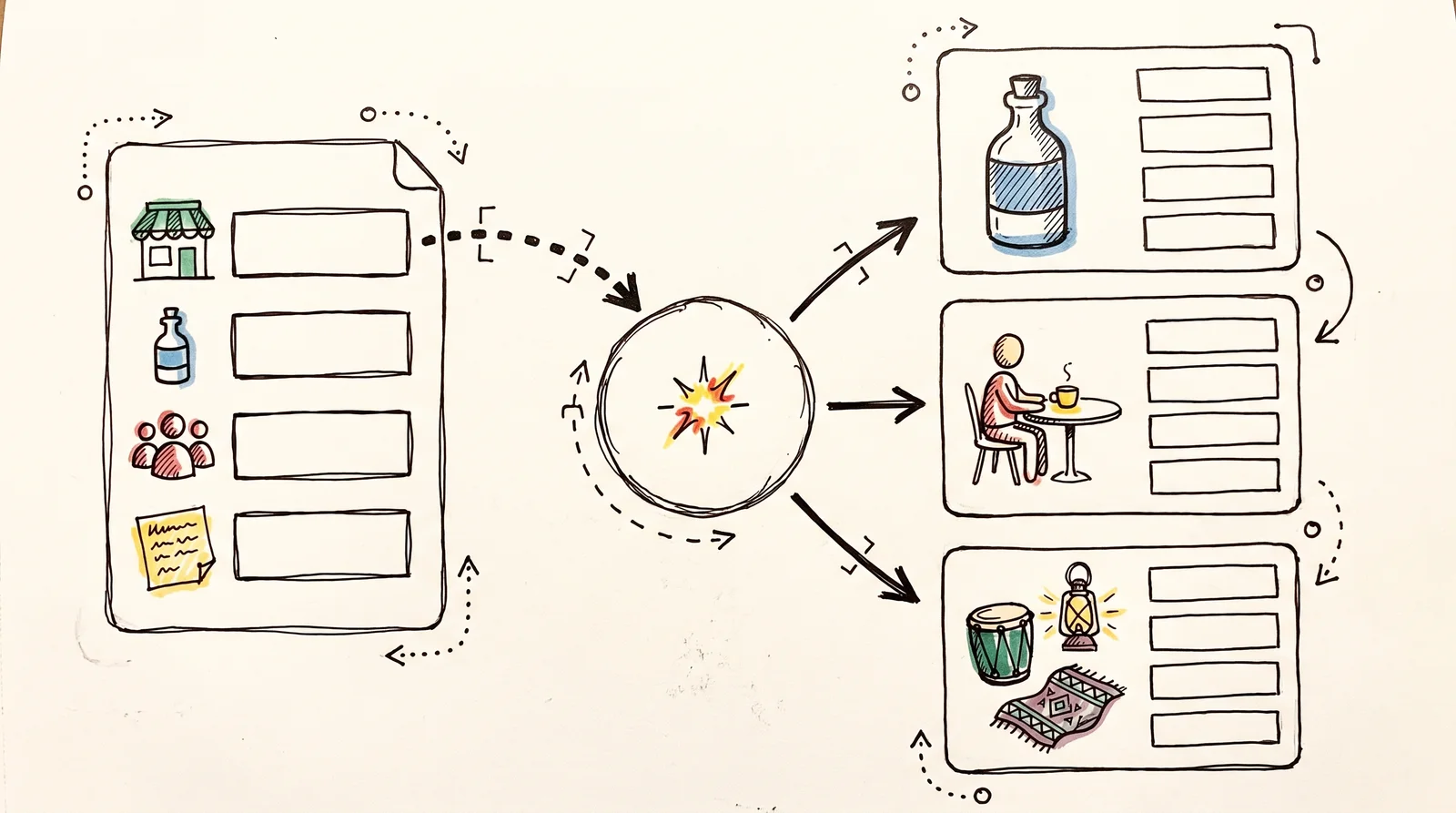 A doodle of a paper form with four boxes feeding a round node, which sends arrows to three cards showing a bottle close up, a person at breakfast, and a drum with a lantern and cloth.