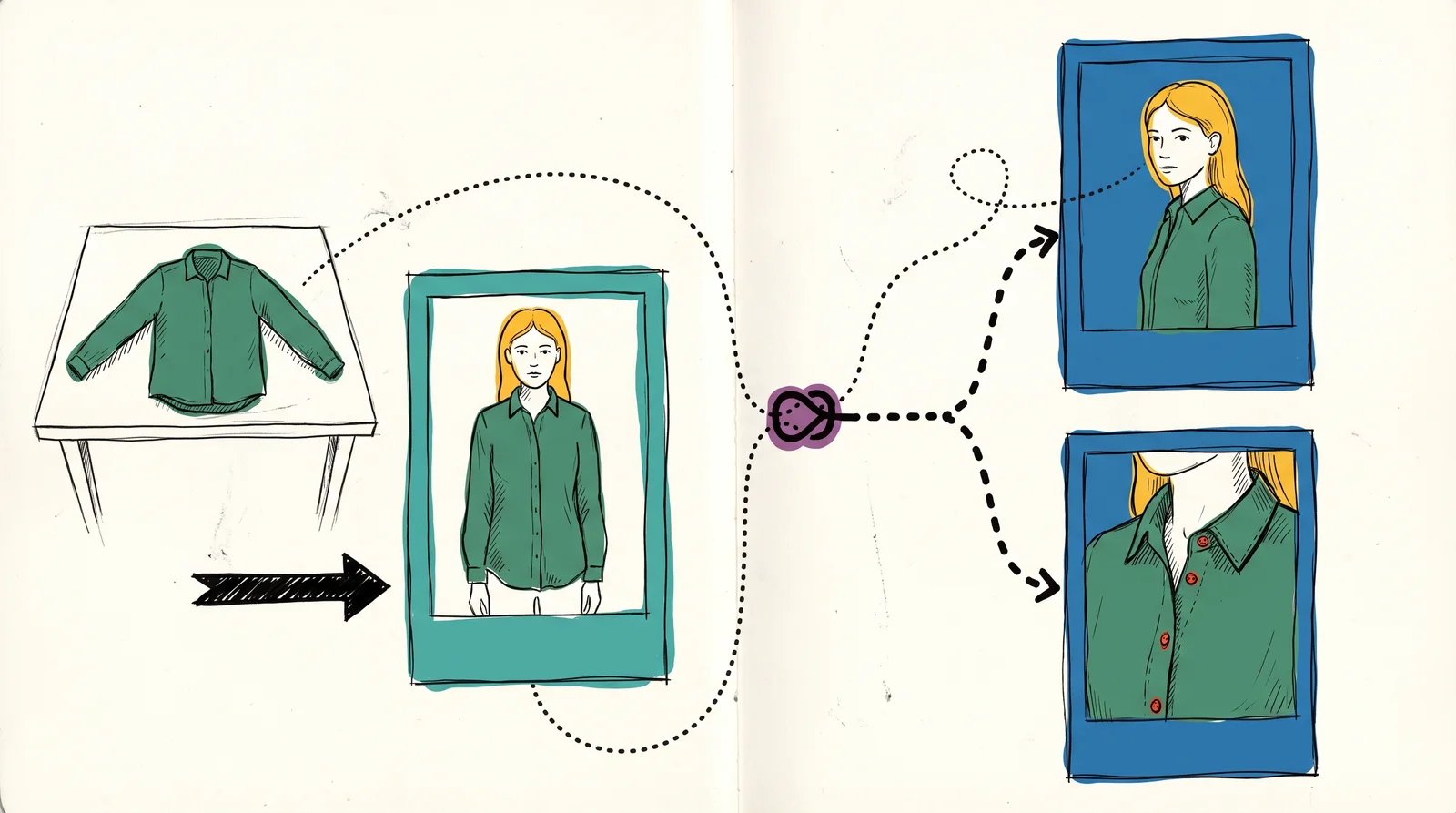 A doodle of a flat shirt leading to a full-length front photo of a woman wearing it, then arrows from both joining to make a three-quarter photo and a close detail of the collar.