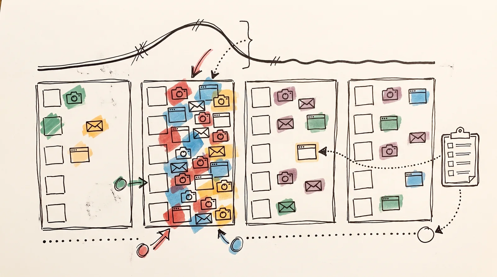 A doodle of a four-column calendar of small camera, envelope and window icons, busiest in the second column, with a line peaking above it, a dotted baseline below and a clipboard linked to one square.