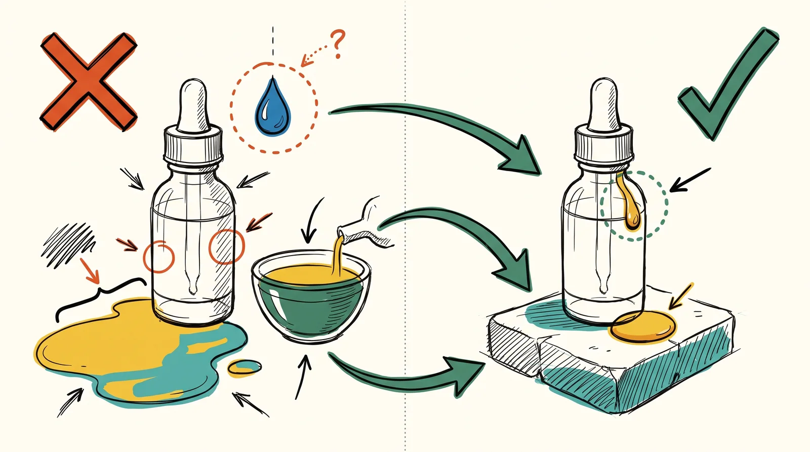 A doodle in two halves: a crossed-out bottle with a floating drop, an oversized puddle and a bowl of oil, beside a ticked bottle with a single bead running down it into a small pool.