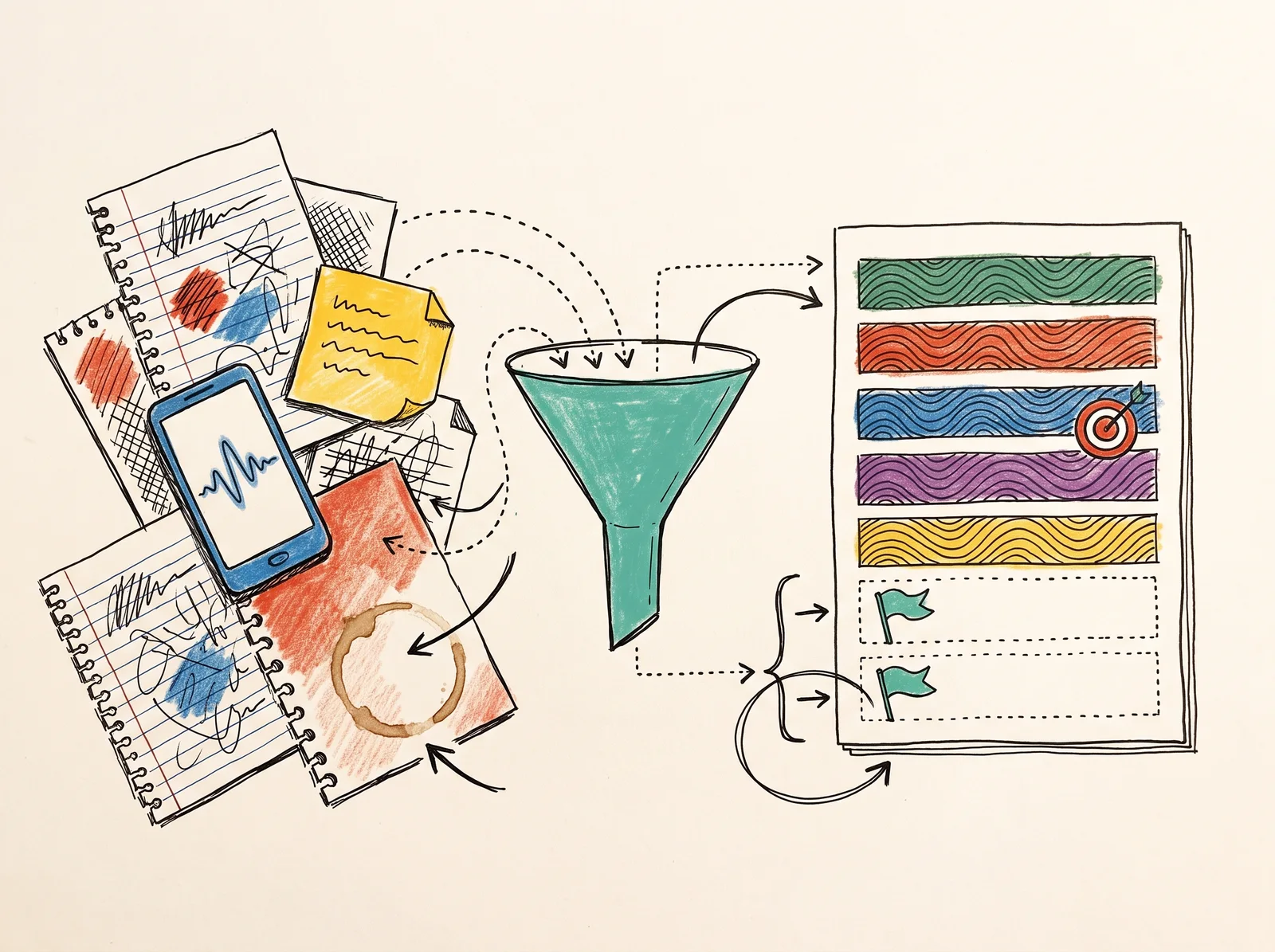 A doodle of scribbled scraps, a sticky note and a phone going into a funnel and coming out as one neat page of eight bands, two of them left empty with small flags.