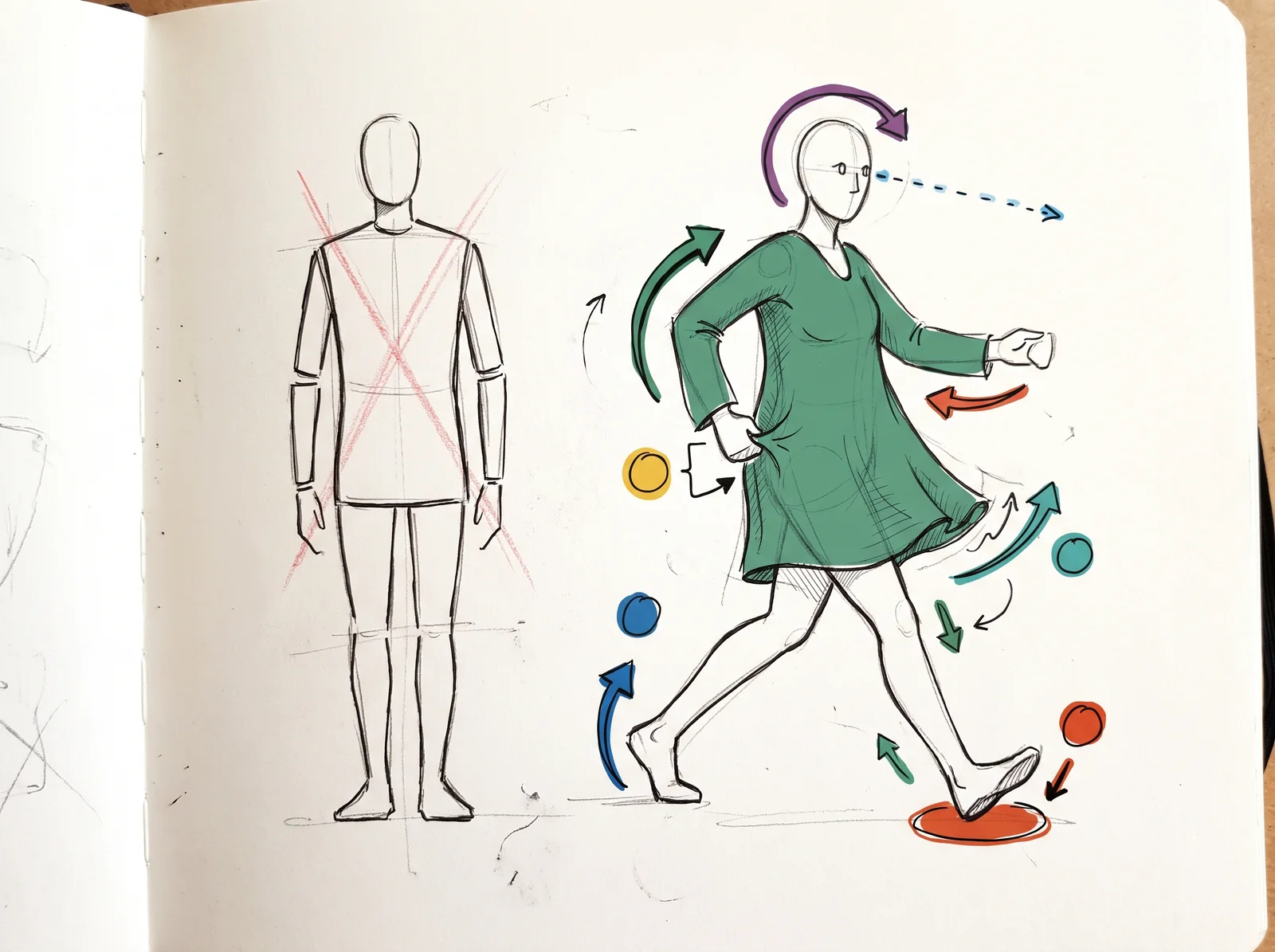 A doodle of a stiff crossed-out mannequin beside a walking woman in a tunic, with circles and arrows marking her front foot, lifting heel, hand at the hem, swinging arm, turning head and line of sight.