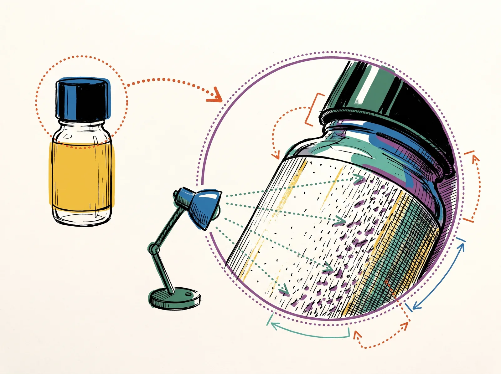 A doodle of a bottle with its cap circled, an arrow to a large magnified circle of the cap and paper label, and a low lamp shining sideways across it.