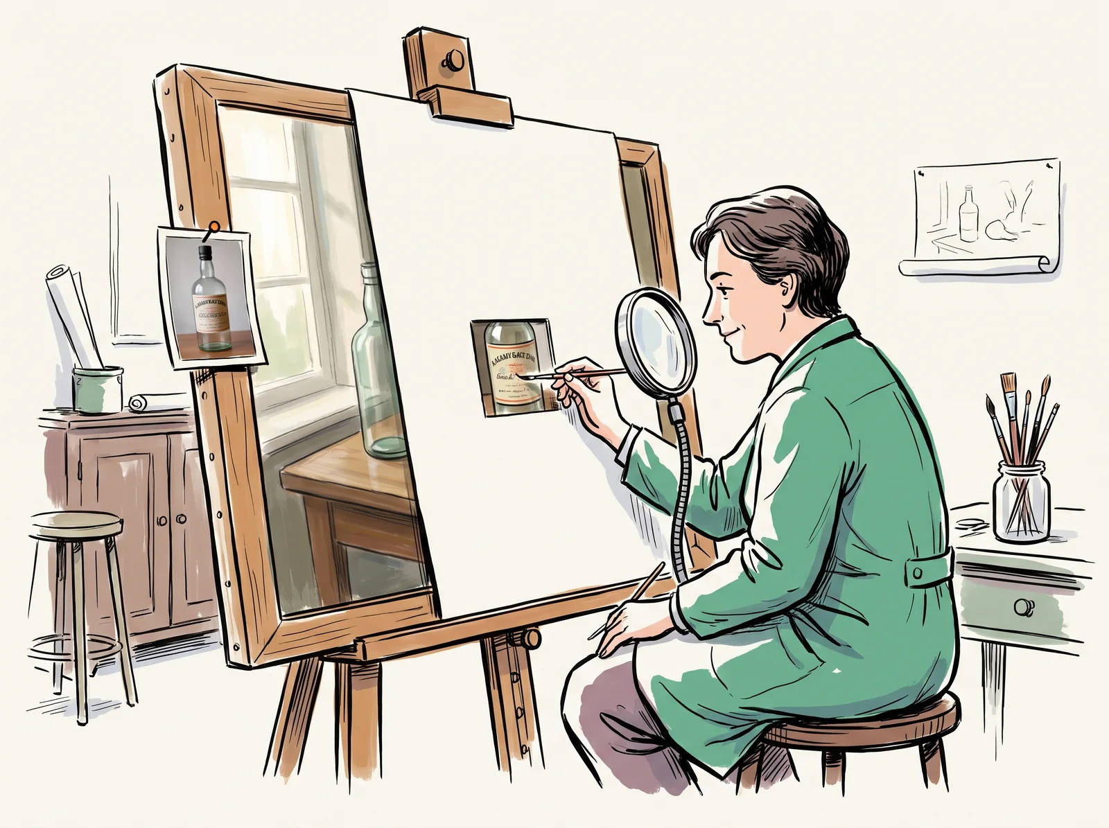 An ink drawing of a woman at an easel mending a painting of a bottle through a small window cut in a paper cover, with a magnifier beside her and a reference photo pinned to the easel.