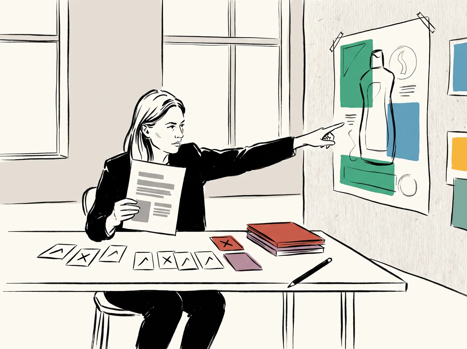 An ink drawing of a woman at a table holding a brief page and pointing at a poster draft on the wall, with a row of ticked and crossed cards and a stack of cards in two colours on the table.