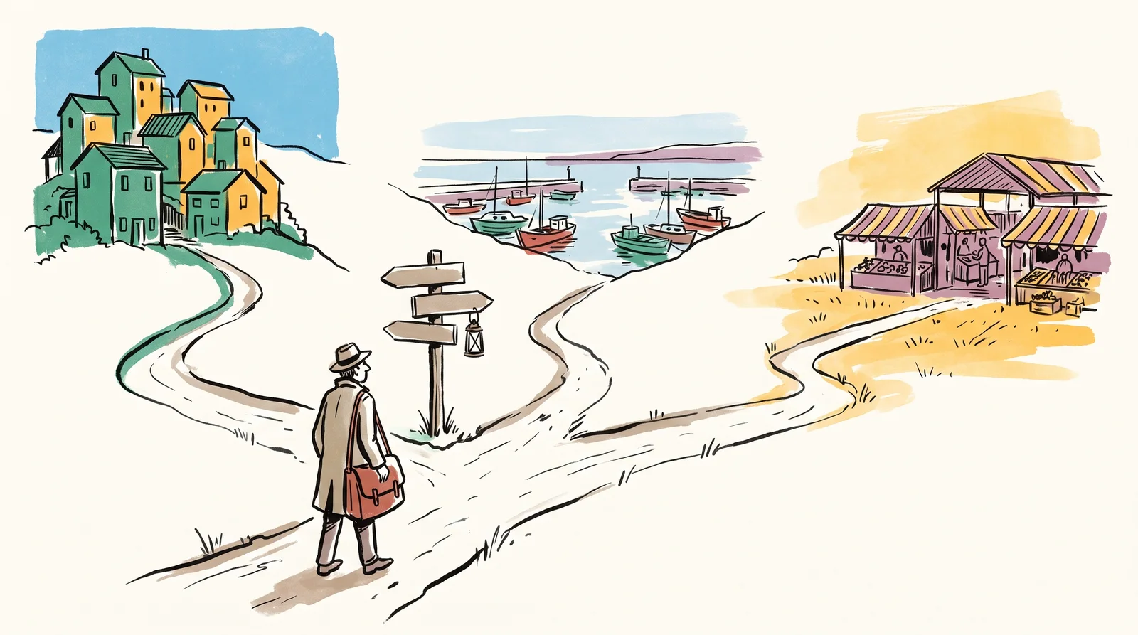 An ink drawing of a walker at a fork where three roads lead to a hill town, a harbour and a market, with a signpost of three blank boards and a lantern hanging on the middle one.