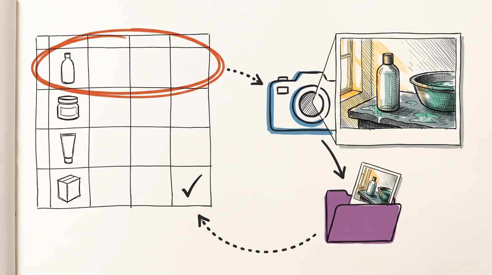 A doodle of a grid of product sketches with one row circled, an arrow to a camera producing a photo of a bottle on slate, the photo dropping into a folder, and a looping arrow back to a tick in the row.