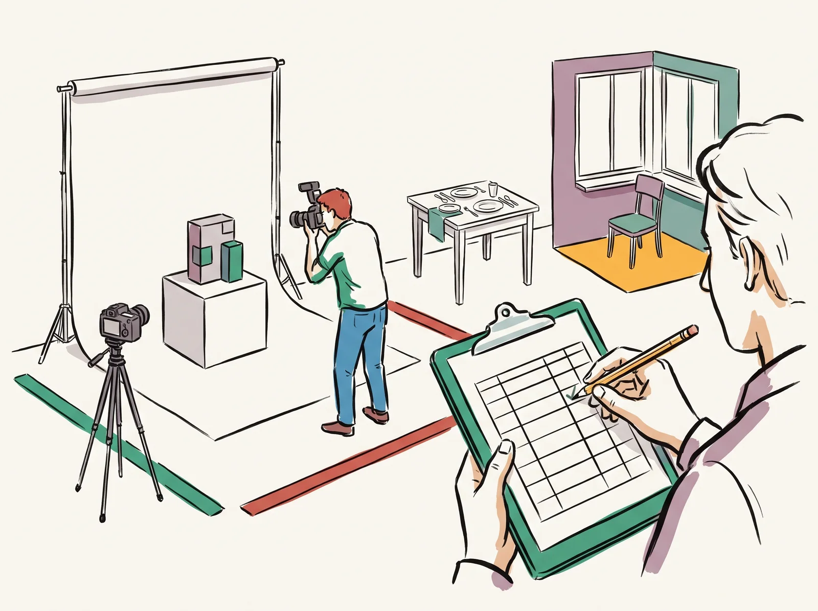 An ink drawing of a studio with an assistant ticking a clipboard in front and three setups behind: a white sweep with a product, a kitchen table, and a window corner with a chair.