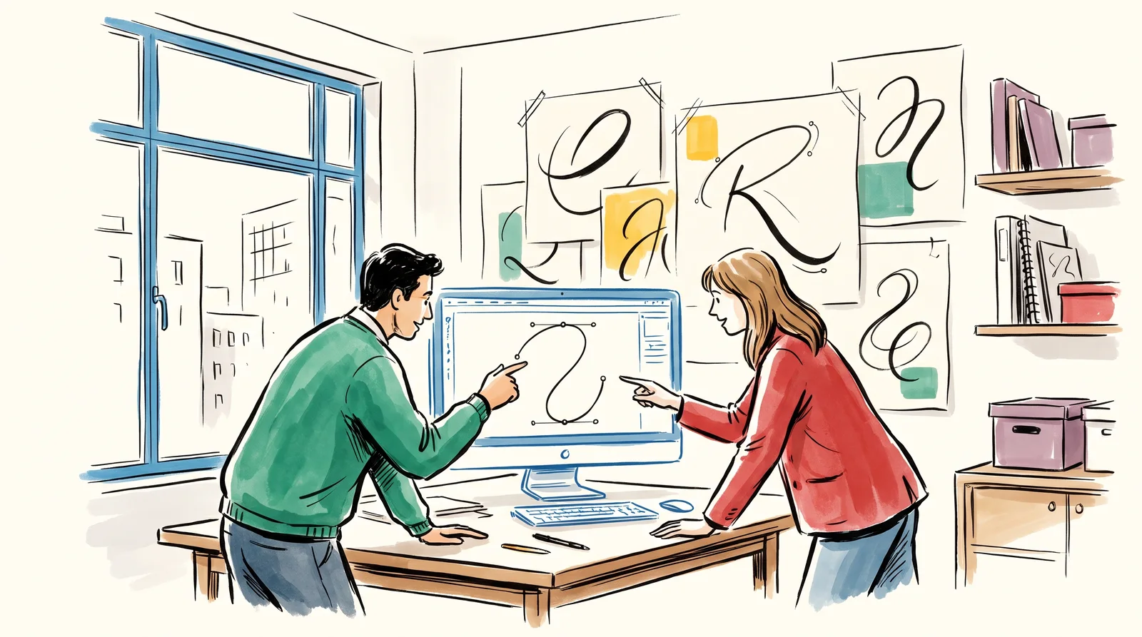 A type designer at her desk points at a curved letter outline on her screen while a customer leans across holding a printed sheet.