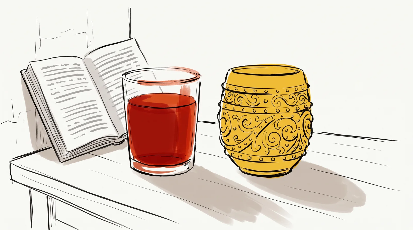 A clear glass of red wine beside an ornate gold cup on a wooden table, with an open book of neat grey lines leaning behind the glass.