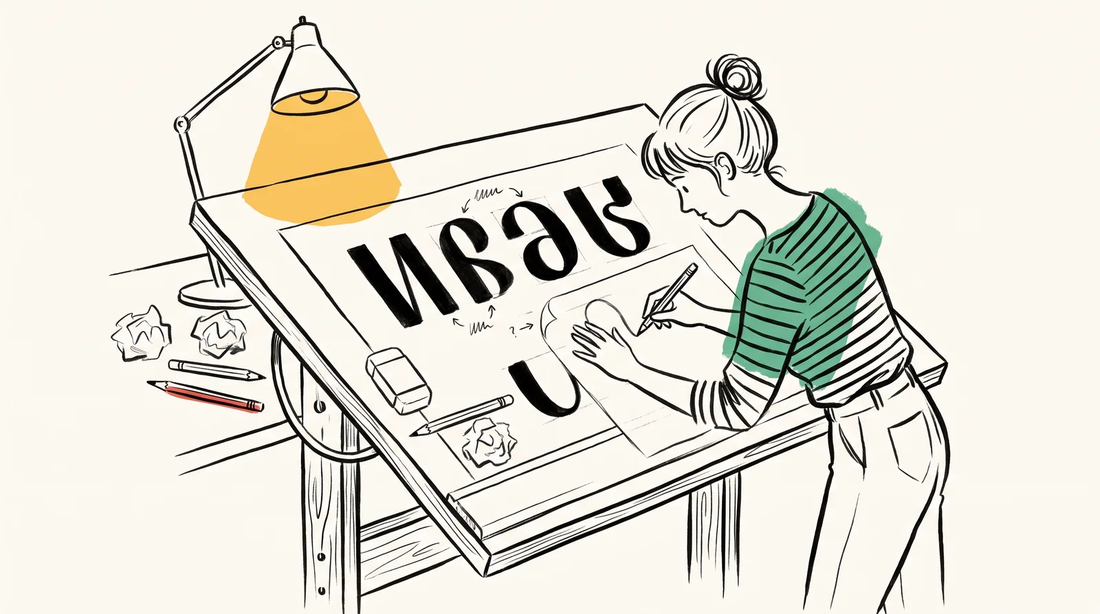 A designer at a drafting table pencils over five large letter shapes on tracing paper, with small marks between each pair.
