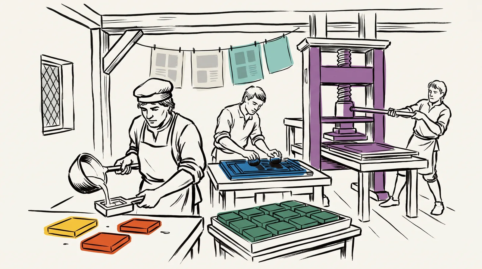 An old print workshop where one man casts metal type, another inks a frame of type and a third pulls a wooden screw press, with sheets drying overhead.
