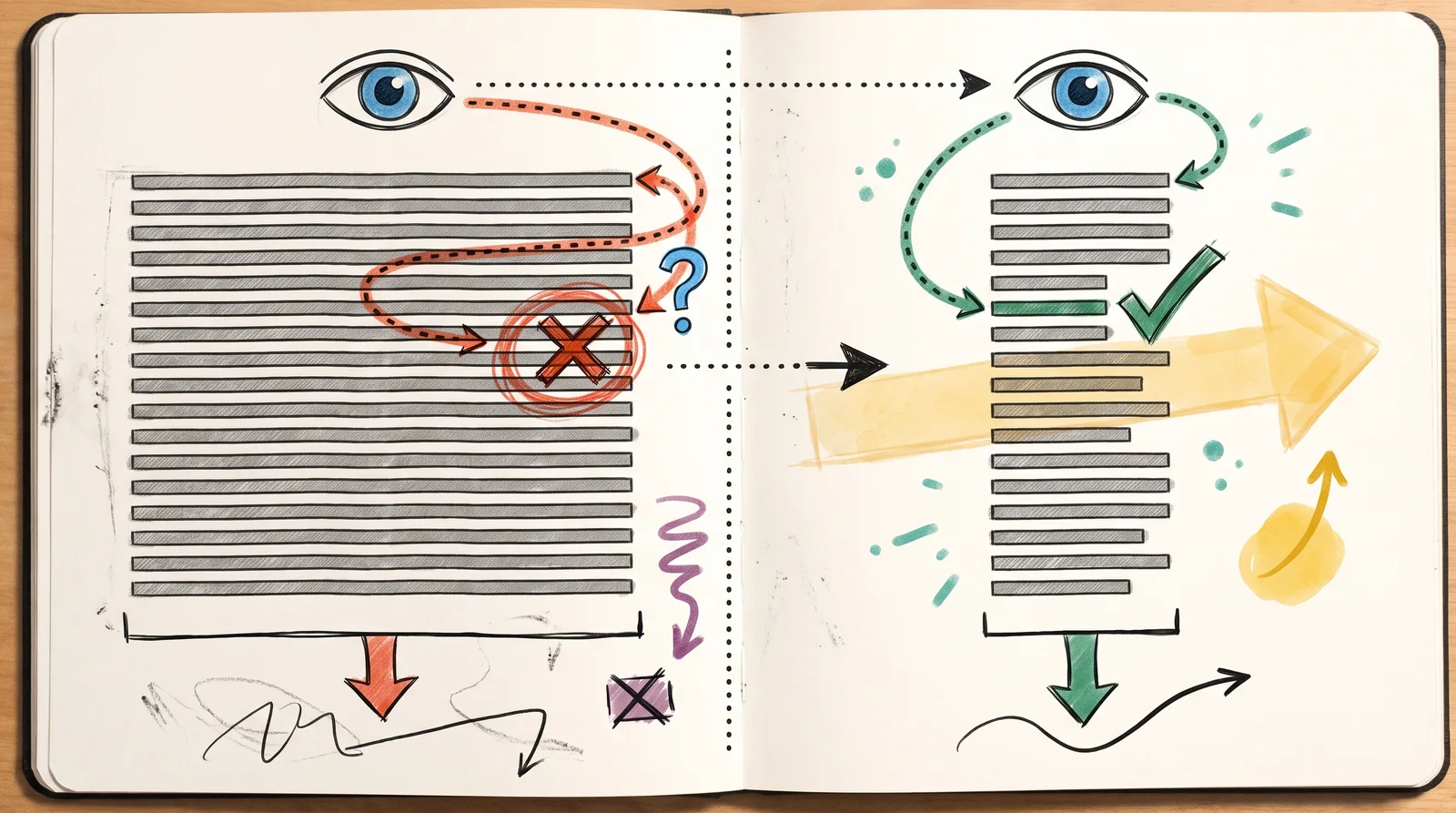 Two pages of grey text lines, a wide one where a dotted return path misses the next line and a narrow one where it lands correctly.