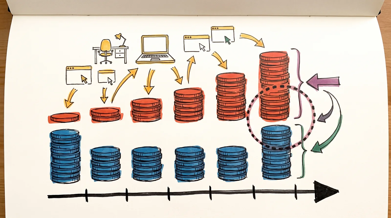 Two rows of coin stacks along a timeline, one rising each year and one level after a single large first stack, with the crossing point circled.