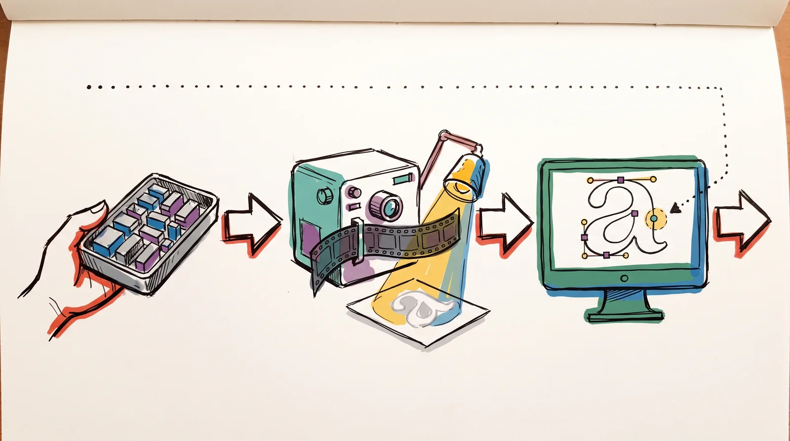 Three stations joined by arrows: a hand holding a tray of metal type, a photosetting machine shining light through film, and a computer showing a curved outline with control points.