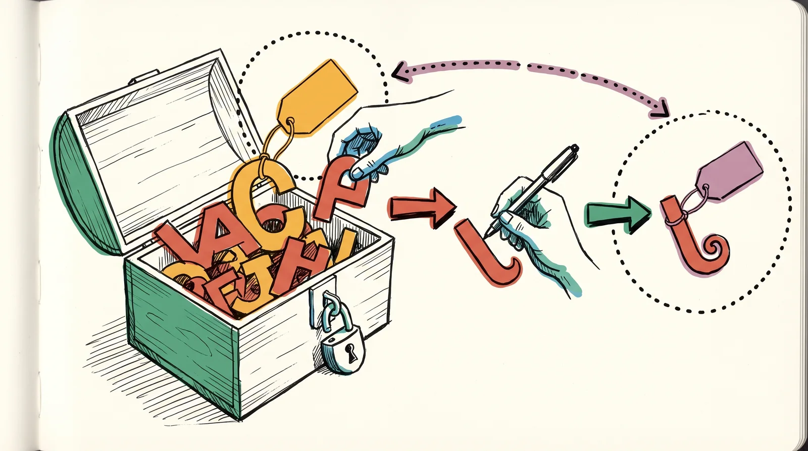 An open box of letter shapes with an open padlock, a hand redrawing one shape, and the redrawn shape wearing a different coloured tag from the original.