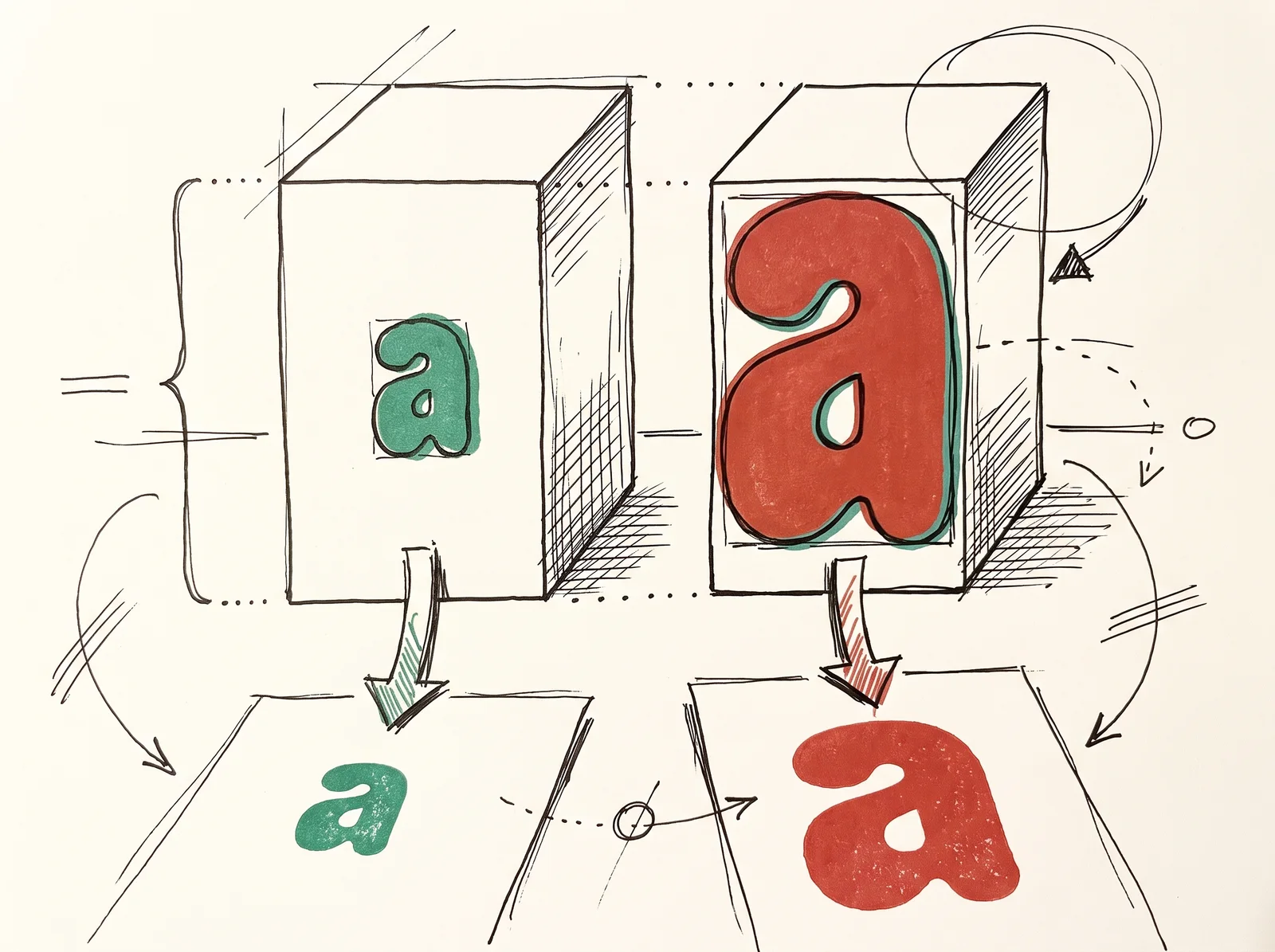 Two equal-height metal type blocks, one with a small rounded shape and one with a large one, each printing a mark of a different size.