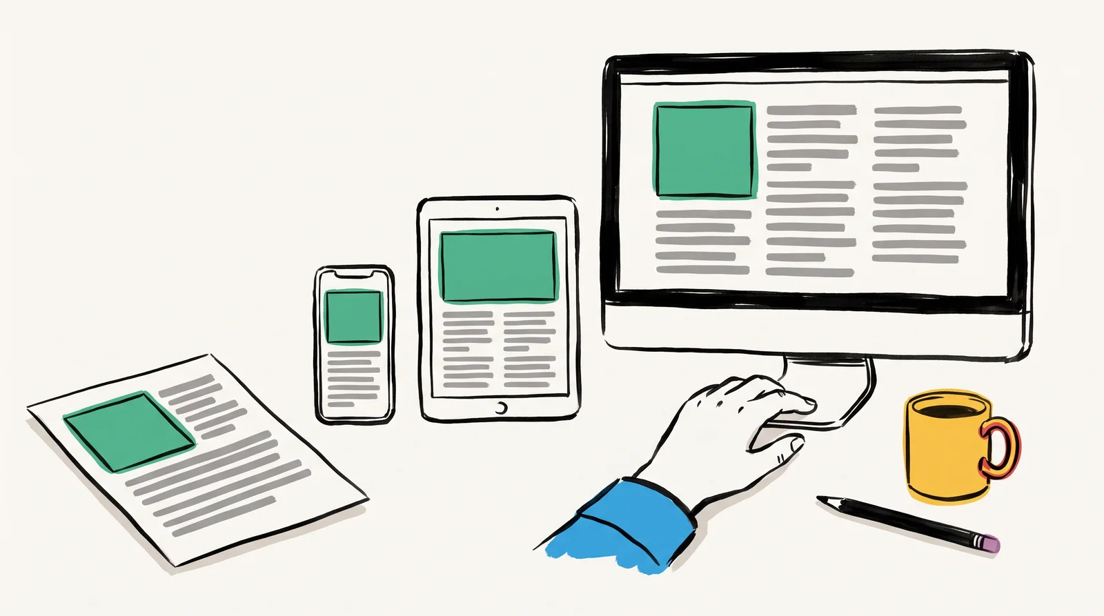 A printed page lying on a desk beside a phone, a tablet and a monitor showing the same article rearranged into different numbers of columns.