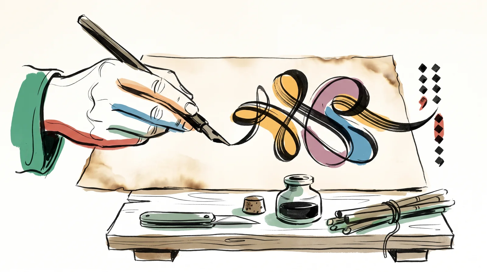 A calligrapher's hand with a reed pen drawing a flowing ink stroke from right to left, with a small column of diamond-shaped dots at the margin.