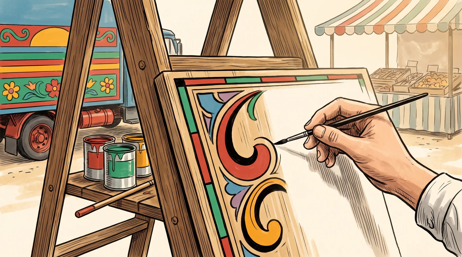 A sign painter on a stepladder painting a decorative shop board, with paint tins, a decorated lorry and a market stall in the street behind.