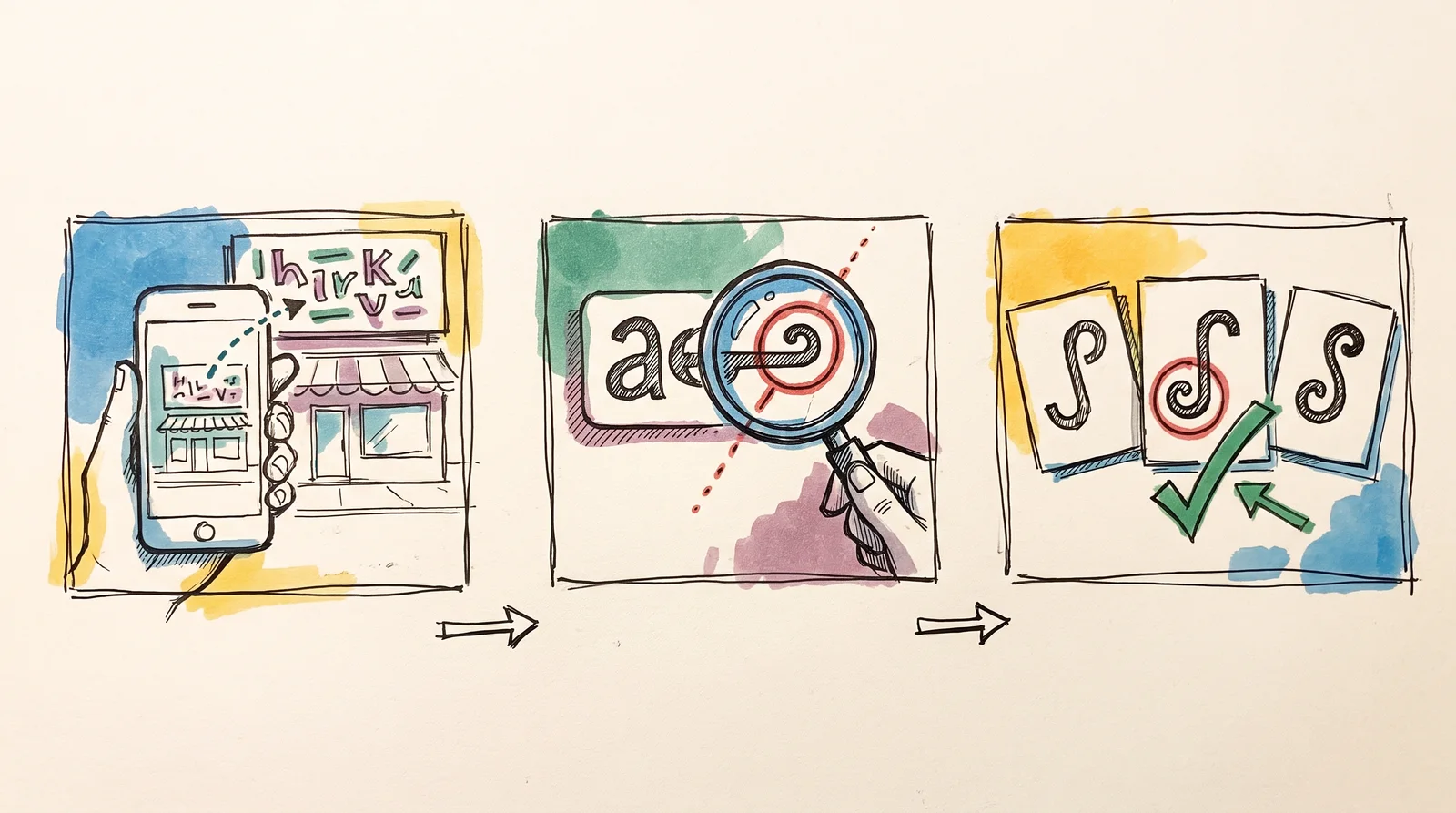 Three panels: a phone photographing a shop sign, a magnifier over a small curled detail, and three cards with a tick beside the matching one.