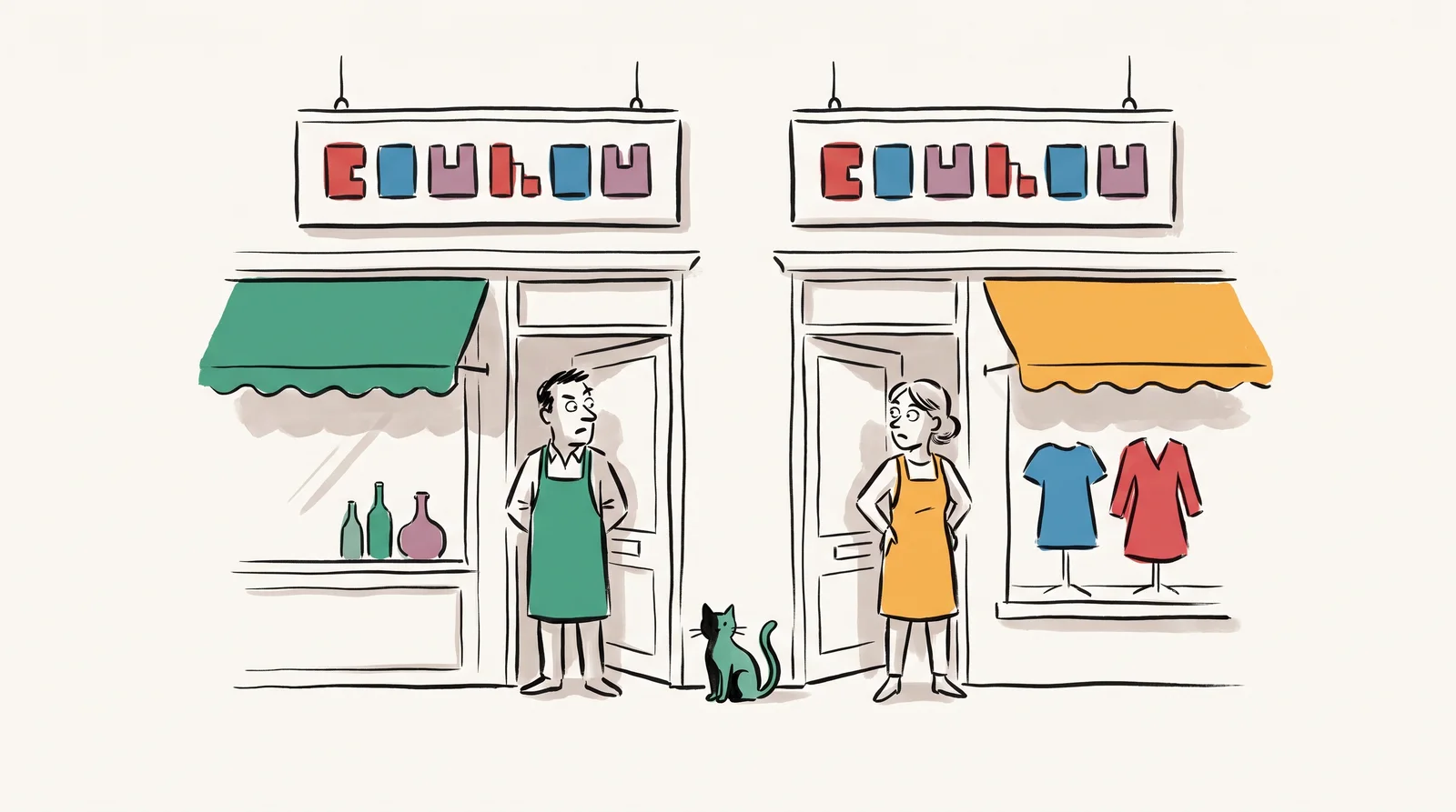 Two side-by-side shopfronts with identical signboards, their owners looking at each other's sign in surprise.