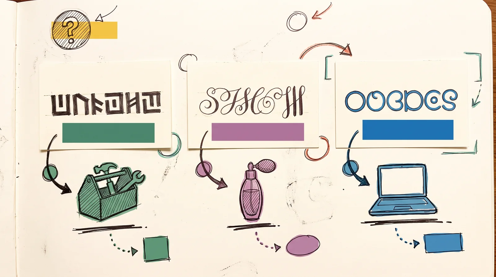 Three cards of the same abstract lettering in slab, high-contrast and round styles, with arrows pointing to a toolbox, a perfume bottle and a laptop.