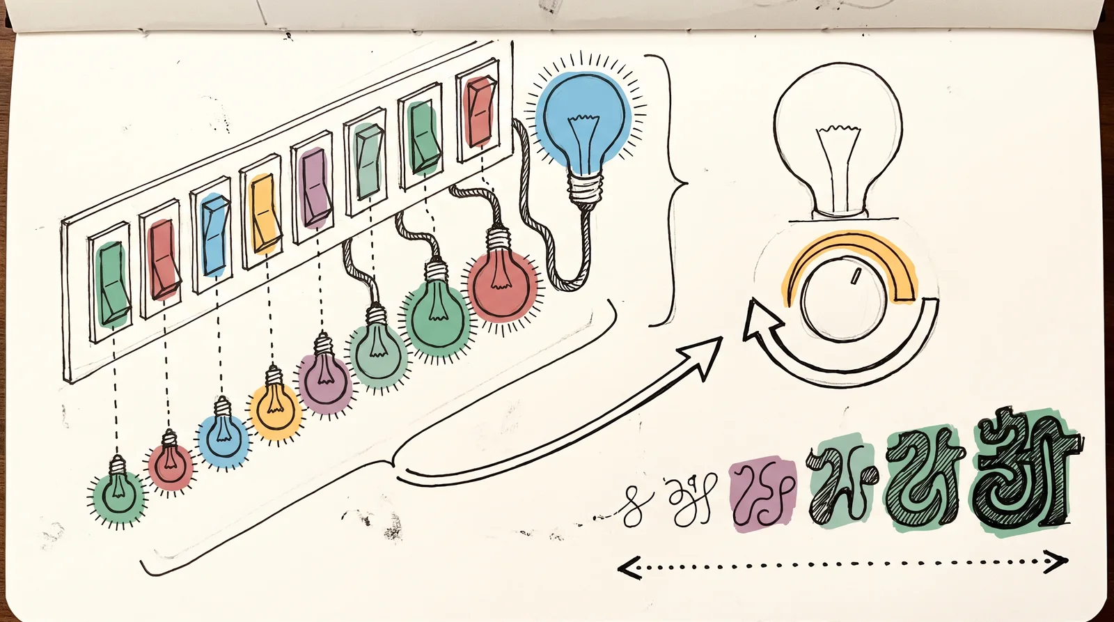 A row of nine switches and bulbs beside a single bulb on a dimmer dial, above an abstract shape growing gradually heavier along a dotted line.
