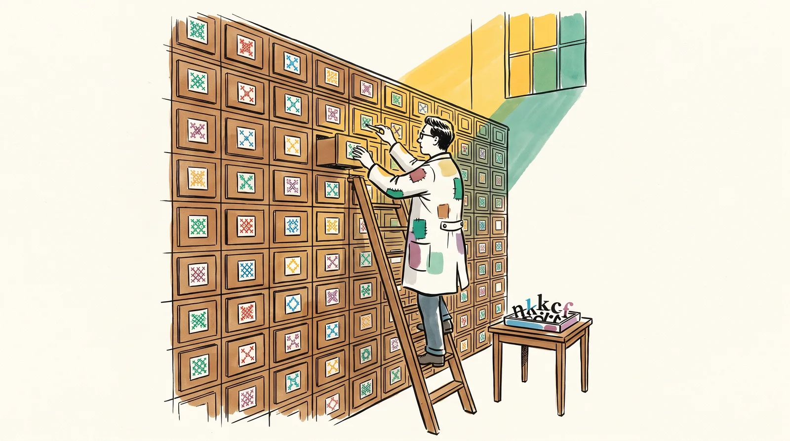A designer on a ladder before a huge wall of small square drawers, with a tiny tray of pieces on a table beside it.