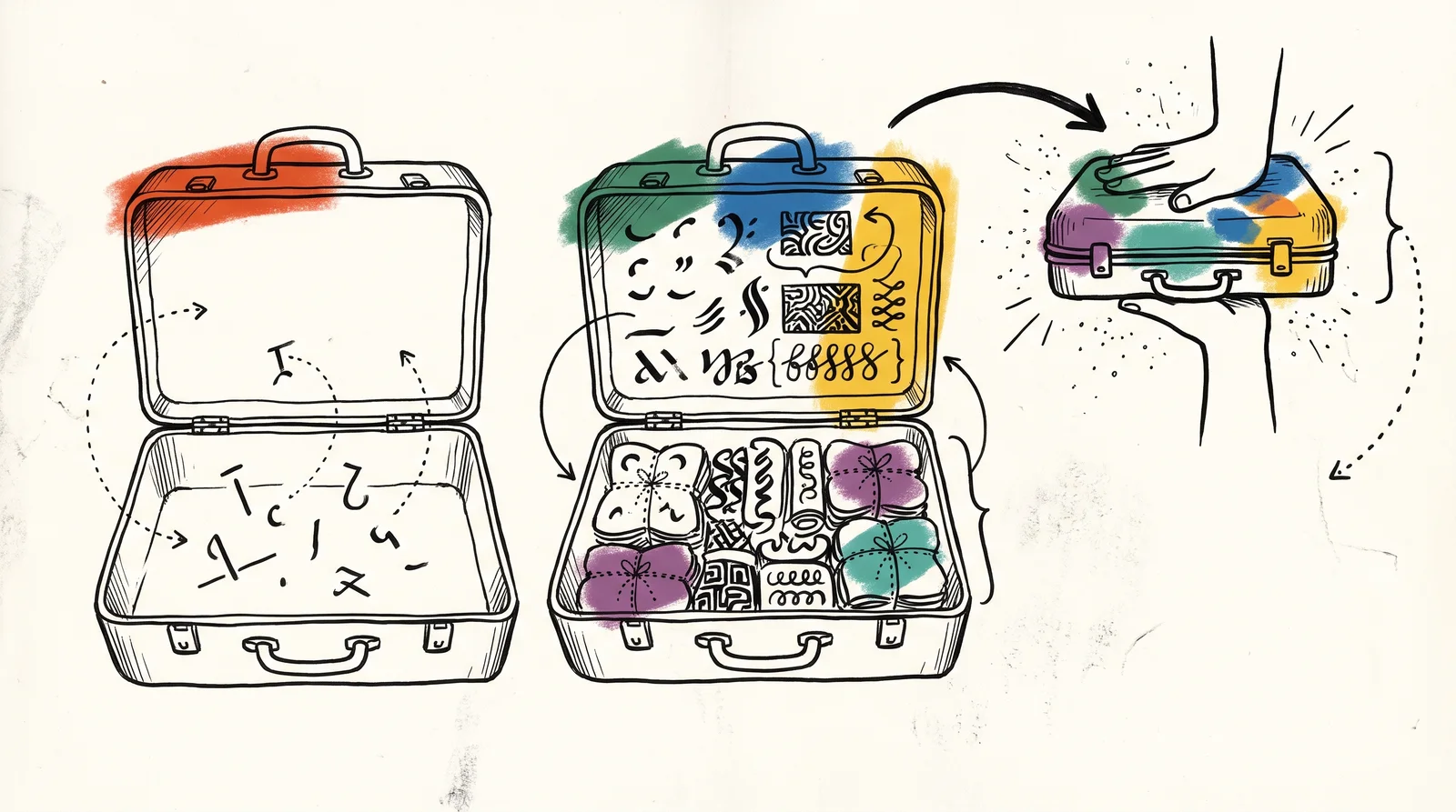 Two identical open suitcases, one nearly empty with a few letter shapes and one packed with many shapes and marks, with the full one also squeezed smaller for sending.