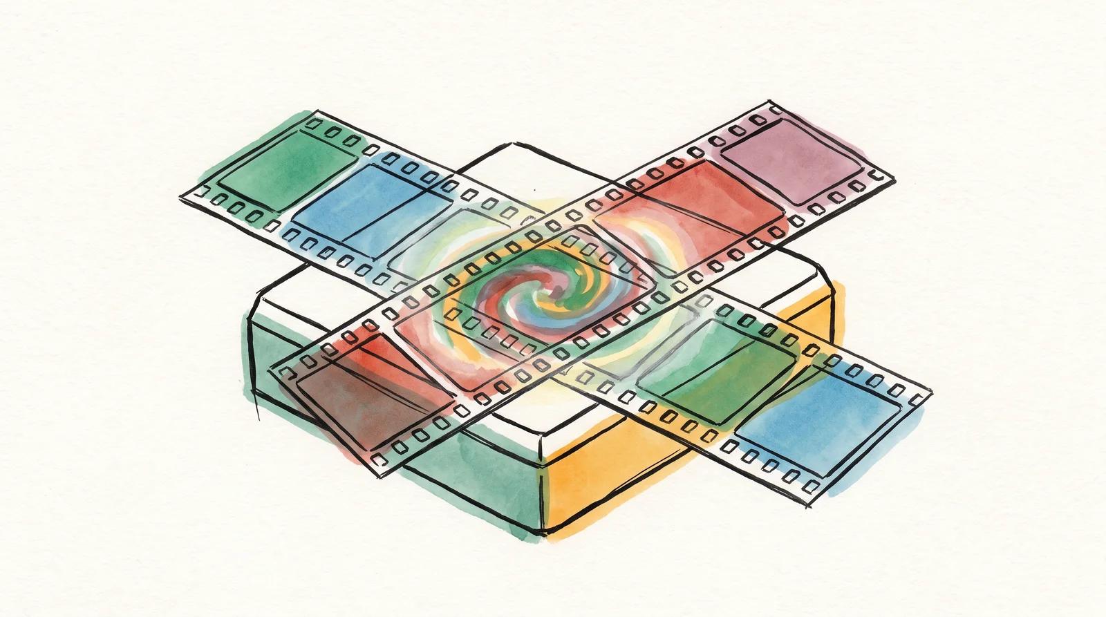 An ink drawing of two strips of film crossing on a splicing block, their pictures blending into a swirl of colour where they overlap.