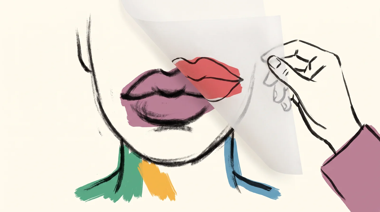 An ink drawing of a face in charcoal with a second pair of lips traced on tracing paper laid over the first, the sheet half lifted by a hand.