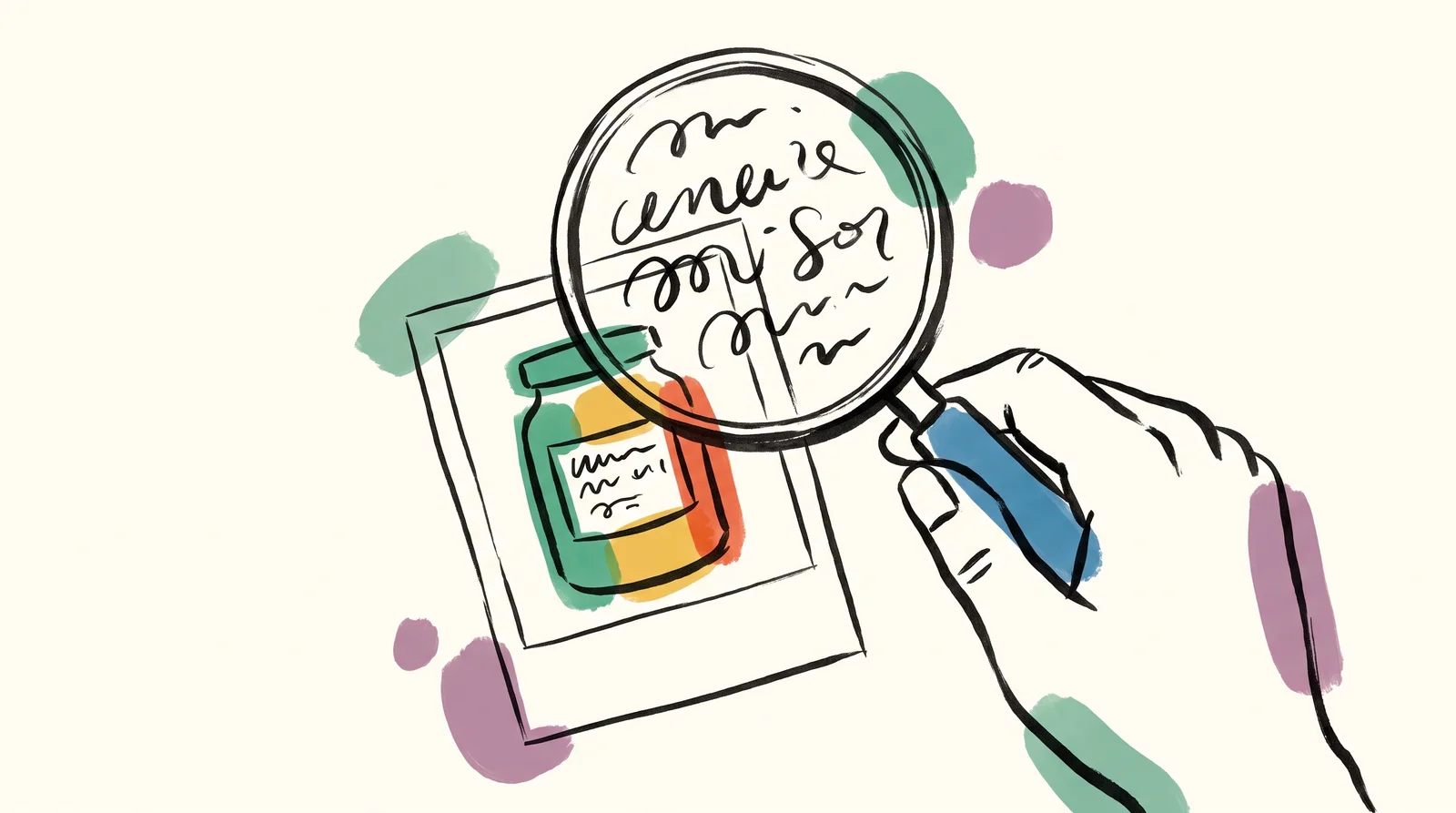 An ink drawing of a magnifying glass held over a small photograph of a jar, the label under the lens turned into looping squiggles that look like writing but are not.