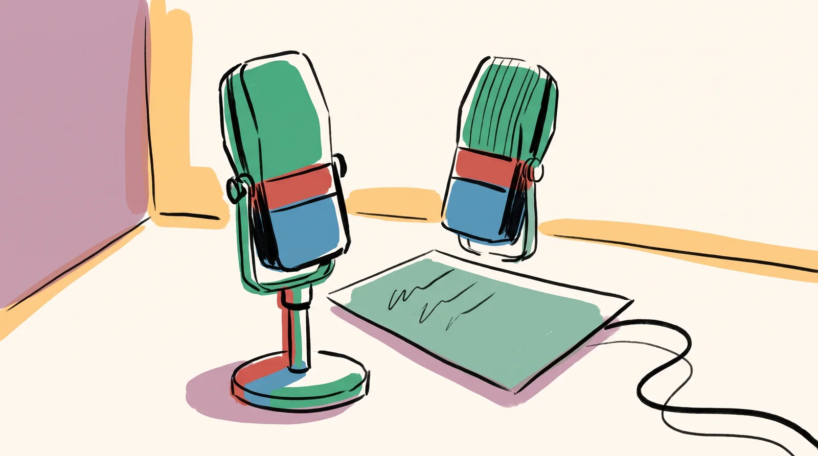 An ink drawing of two studio microphones on stands in a quiet booth, with a sheet of paper bearing a few pencil marks lying on the desk and a cable running out of frame.