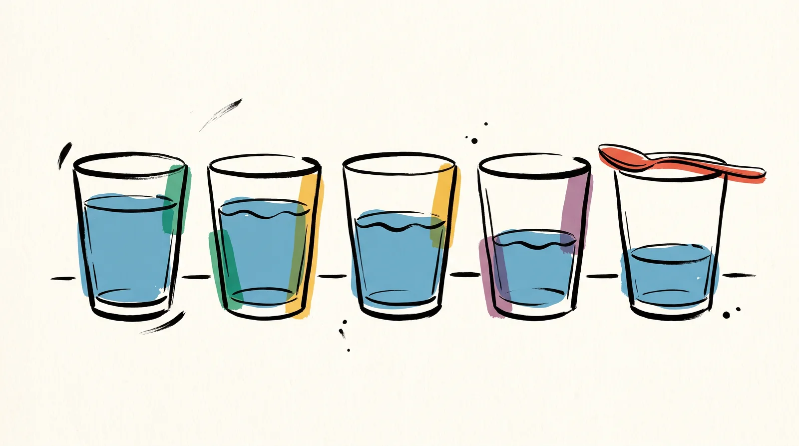 An ink drawing of five glass tumblers in a row, filled with water to slightly different levels, a spoon resting across the lowest.