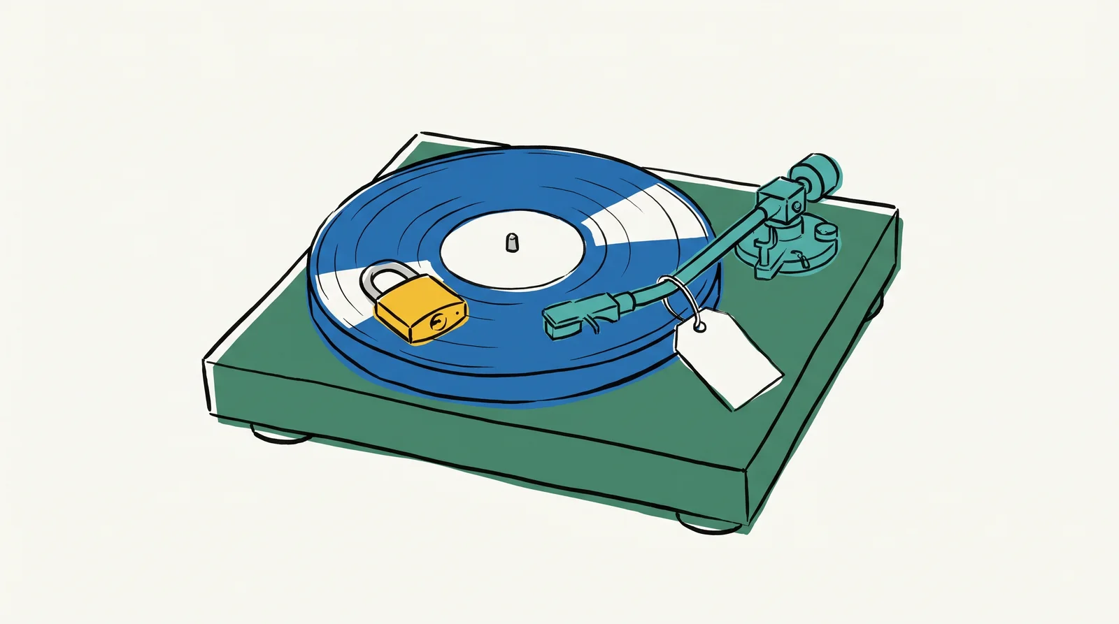 An ink drawing of a turntable with a blue record whose label is blank, a small brass padlock on the platter and a paper tag tied to the tonearm.