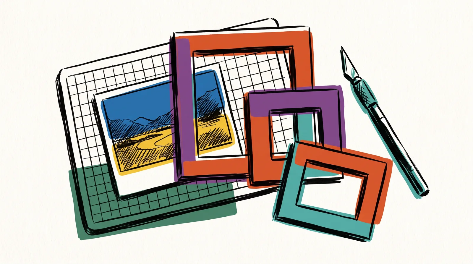 An ink drawing of a landscape print on a cutting mat with three card window mounts of different proportions laid over it and a craft knife beside them.