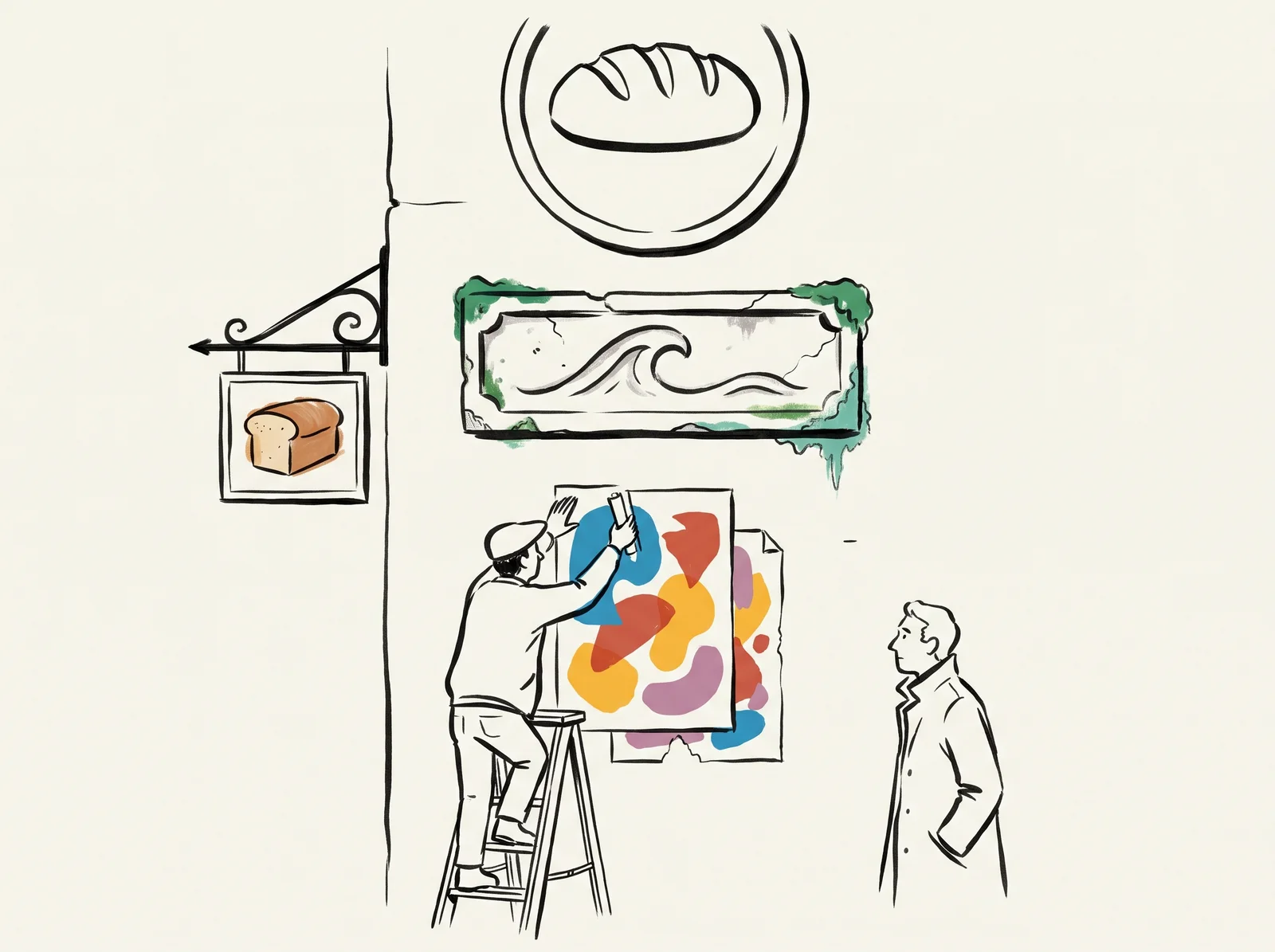 A bakery front has an old carved stone plaque under its emblem, a worker on a stepladder pasting a new poster over a torn one, and a small hanging sign showing a loaf.