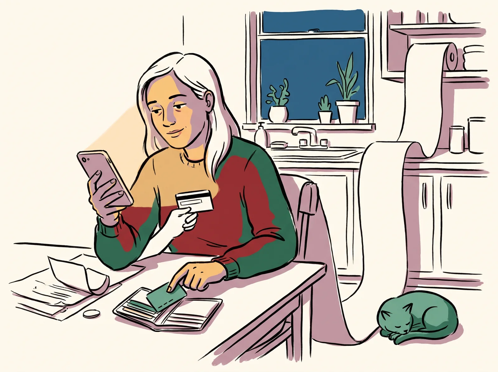 A woman at a kitchen table looks at her phone and calmly takes a second bank card from her wallet, while a long dusty paper scroll with a sleeping cat on it lies behind her.