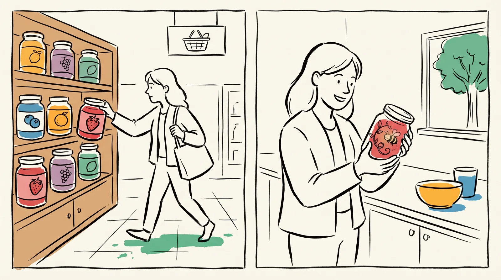 On the left a shopper grabs a strawberry jar from a shelf of jars marked with fruit drawings and colour bands, and on the right, at home, she smiles at a drawing on the back of the jar.