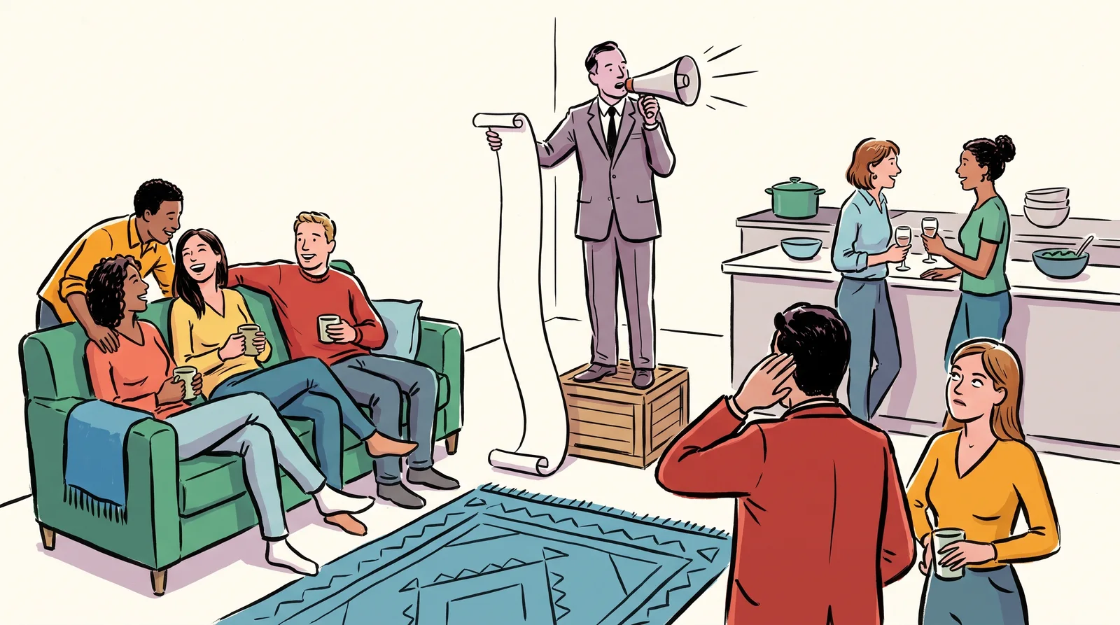 A guest in a grey suit stands on a crate reading a scroll through a megaphone at a house party while nearby guests turn away, cover an ear and roll their eyes.
