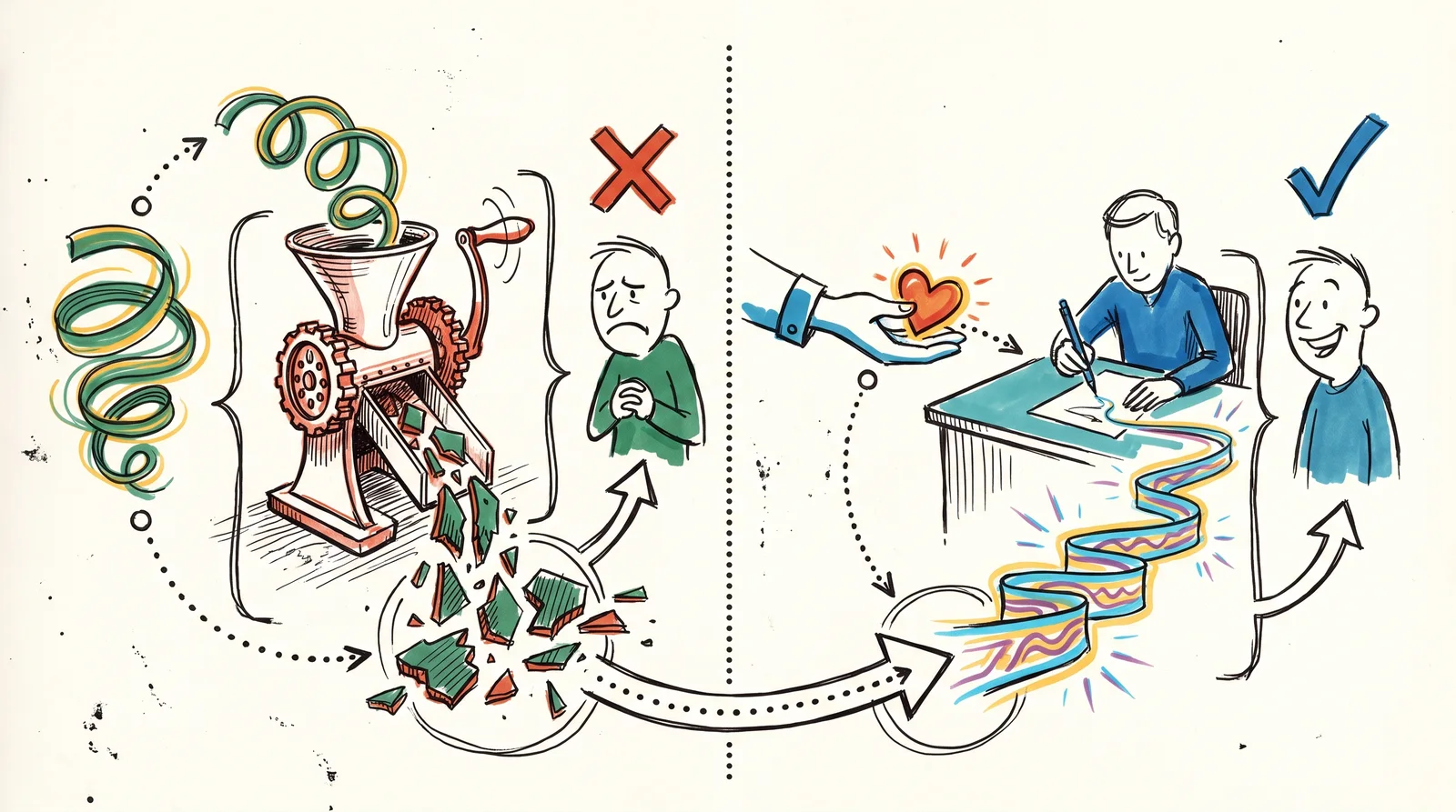 On the left a curly ribbon is cranked through a mincer and comes out broken for a frowning reader, and on the right a glowing heart passed across a border becomes a new bright ribbon for a smiling reader.