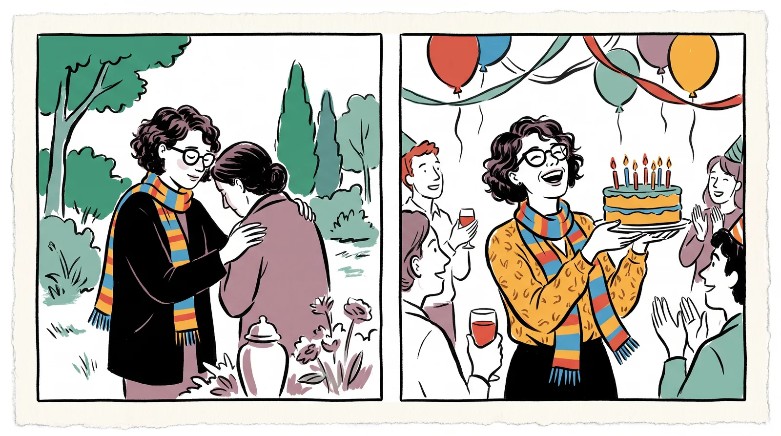 The same woman with curly hair, round glasses and a striped scarf comforts a grieving friend on the left and laughs while holding a birthday cake on the right.