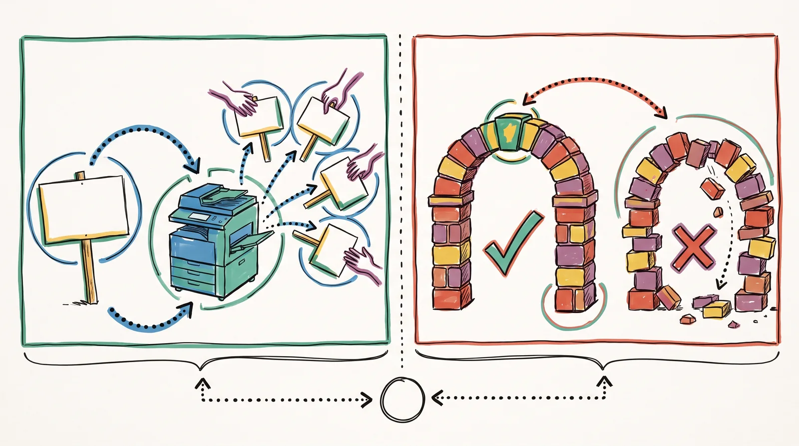 On the left a photocopier churns out copies of a blank placard for grabbing hands, and on the right a well-built stone arch stands beside a loosely copied arch that is collapsing.