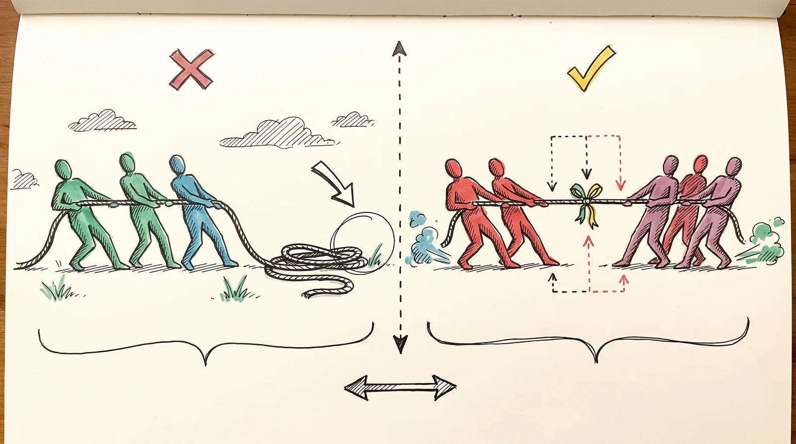 On the left a team pulls a slack rope with no one at the other end under a cross, and on the right two teams strain against each other on a taut rope under a tick.