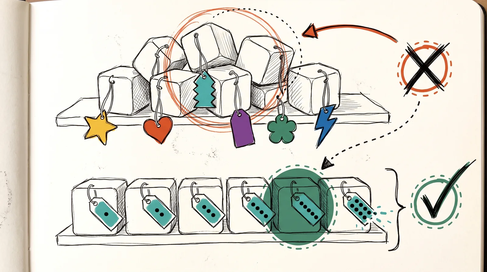 An upper shelf of boxes with mismatched tag shapes sits under a cross, and a lower shelf with matching tags carrying one to six dots sits under a tick, the last tag's dots spilling off the edge.