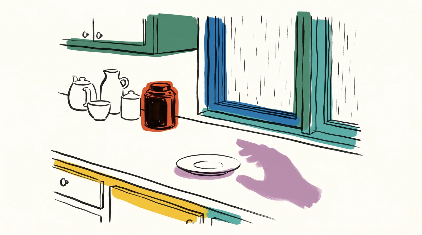 An ink drawing of a kitchen counter by a rainy window, a tea tin and cups at the back, and a soft purple shadow of a hand hovering beside an empty saucer.