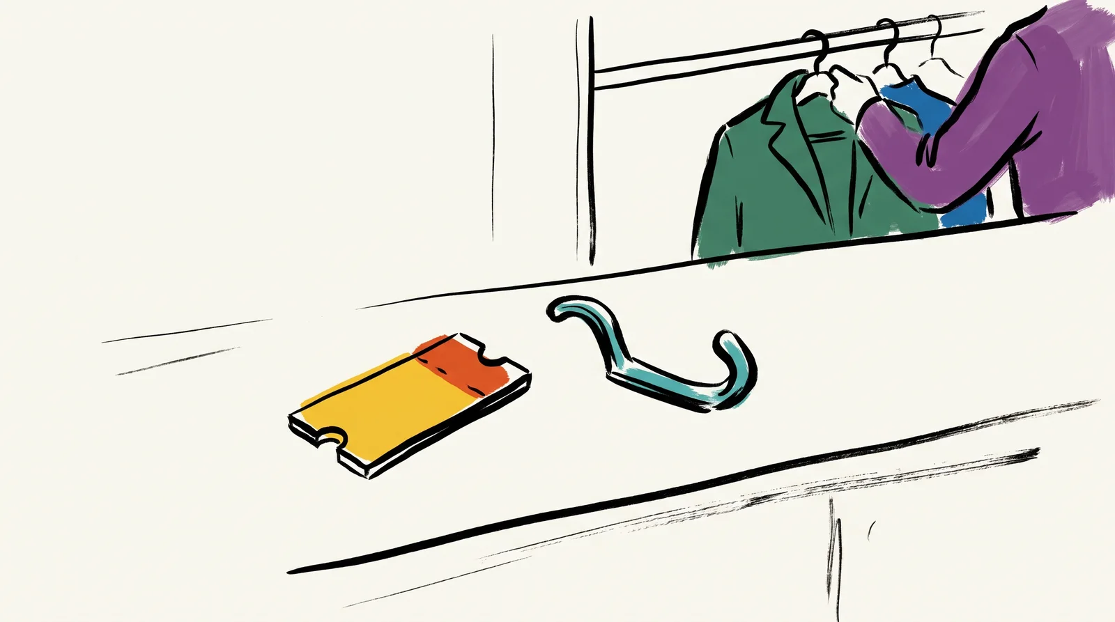 An ink drawing of a yellow cloakroom ticket and an empty coat hook on a counter, while in the background a coat is being hung on a rail.