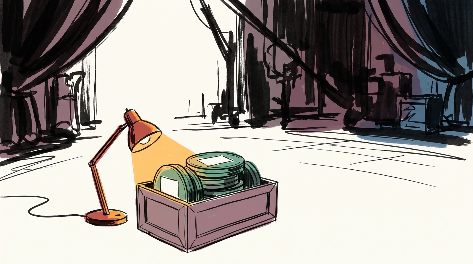 An ink drawing of a dark film stage with black curtains, and one desk lamp lighting a wooden box of film cans in the foreground.