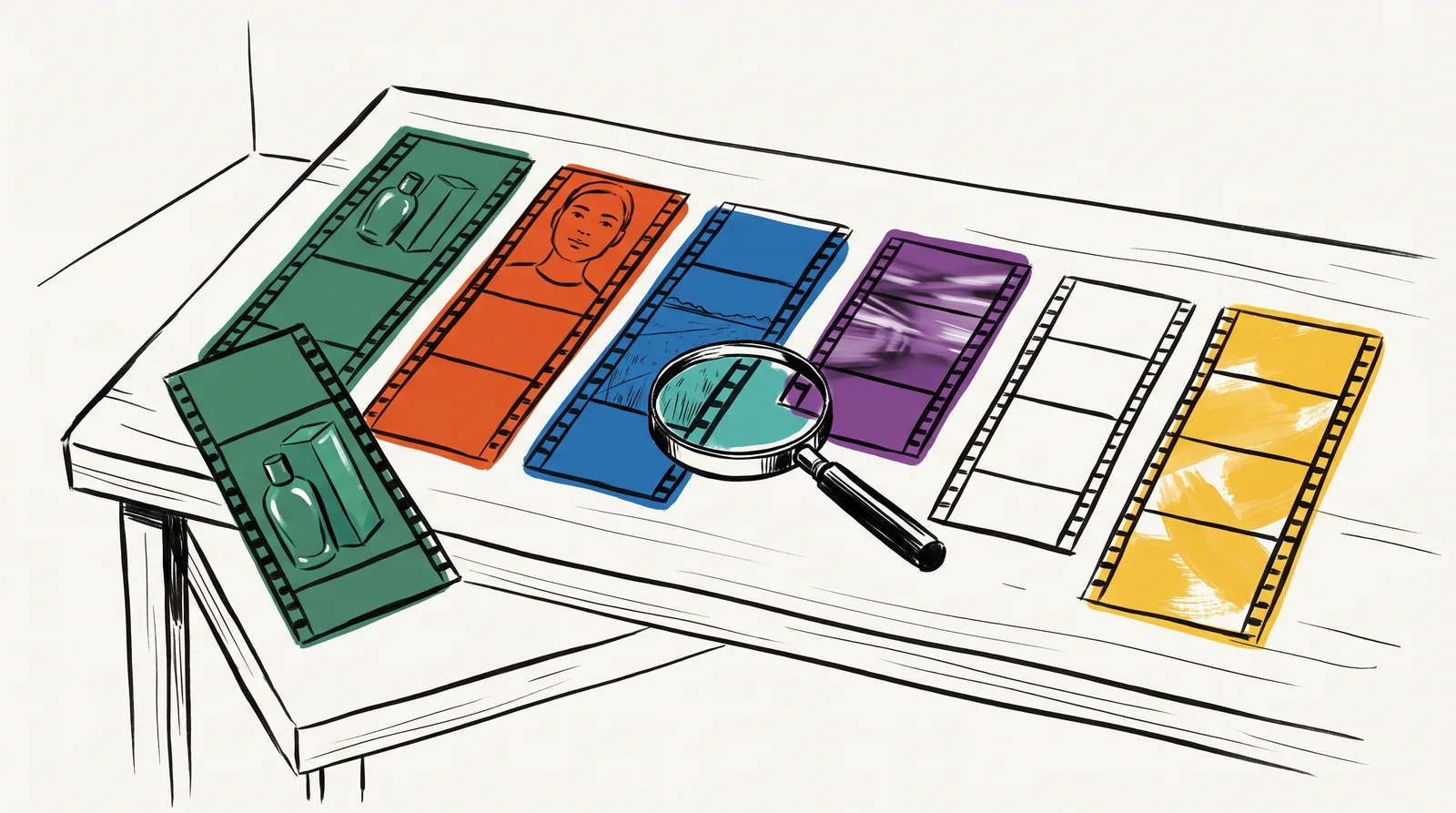 An ink drawing of six coloured film strips laid in a row on a cutting table, each showing a different subject, with a magnifying glass resting on one.